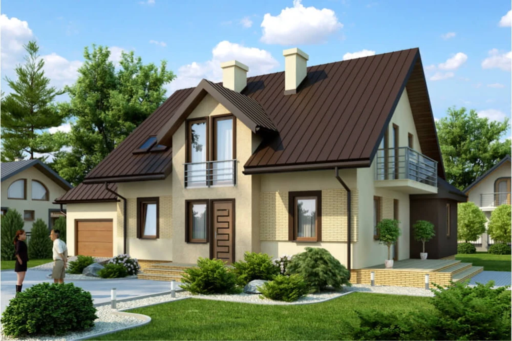 Projekt domu Chabrowo tech. DM-6370 tech., parterowy z poddaszem mieszkalnym, z garażem, bez podpiwniczenia - kolorystyka wersja 3