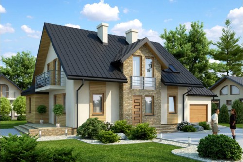 Projekt domu Chabrowo 2 tech. L-6370 tech., parterowy z poddaszem mieszkalnym, z garażem, bez podpiwniczenia - kolorystyka wersja 2