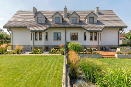 Projekt domu Anielin DM-6120, parterowy z poddaszem użytkowym, w zabudowie bliźniaczej, z garażem, częściowo podpiwniczony - wizualizacja elewacji ogrodowej