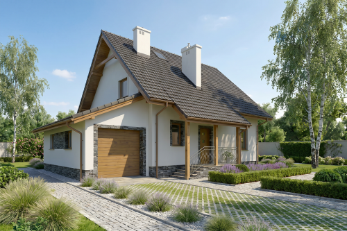 Projekt domu Sosnowa tech. L-6190 tech., parterowy z poddaszem mieszkalnym, bez podpiwniczenia, z garażem - wizualizacja elewacji frontowej
