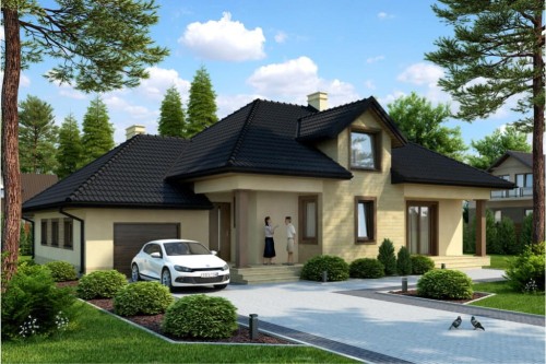 Projekt domu Bartoszyce 2 tech. L-6371 tech., parterowy z poddaszem mieszkalnym, z garażem, bez podpiwniczenia - kolorystyka wersja 2