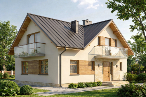 Projekt domu Pyrzowice tech. DM-6004 tech., parterowy z poddaszem mieszkalnym, częściowo podpiwniczony, bez garażu - wizualizacja elewacji frontowej