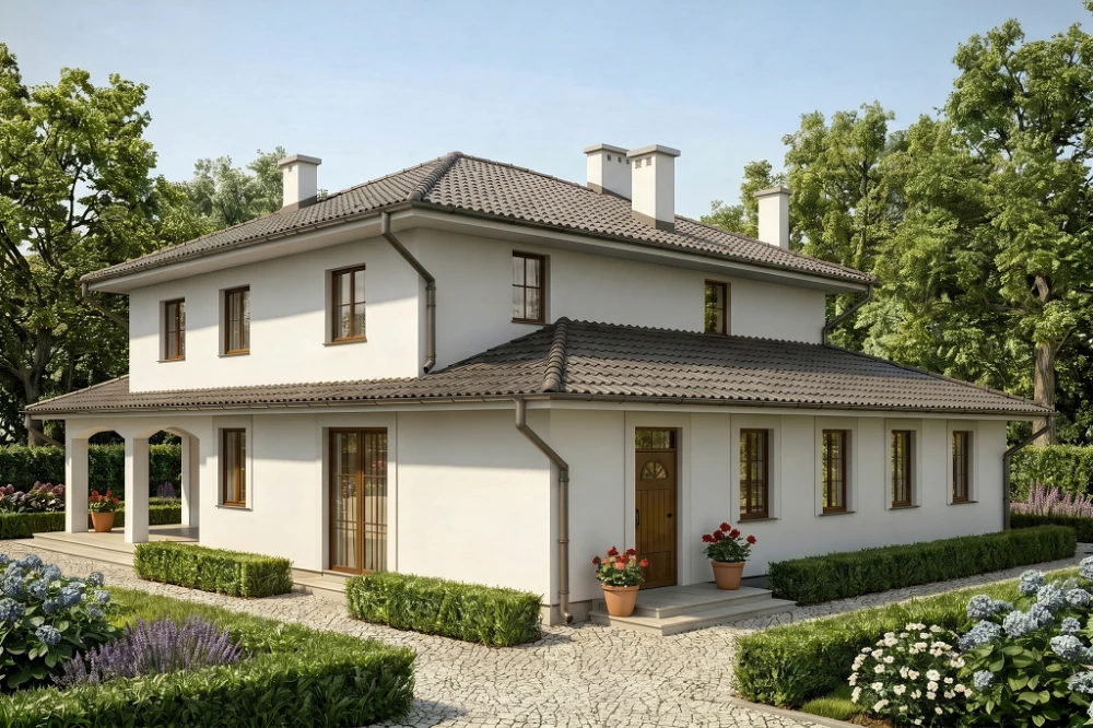 Projekt domu Verona tech. DM-6490 tech., piętrowy, dwulokalowy, z garażem dwustanowiskowym, bez podpiwniczenia - wizualizacja elewacji lewej