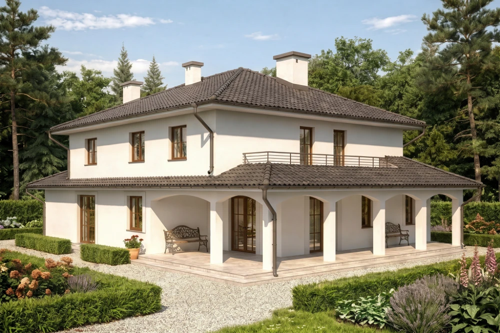 Projekt domu Verona 2 tech. L-6490 tech., piętrowy, dwulokalowy, z garażem dwustanowiskowym, bez podpiwniczenia - wizualizacja elewacji ogrodowej