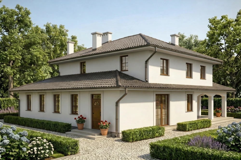 Projekt domu Verona 2 tech. L-6490 tech., dwulokalowy, z garażem dwustanowiskowym, bez podpiwniczenia - wizualizacja elewacji prawej
