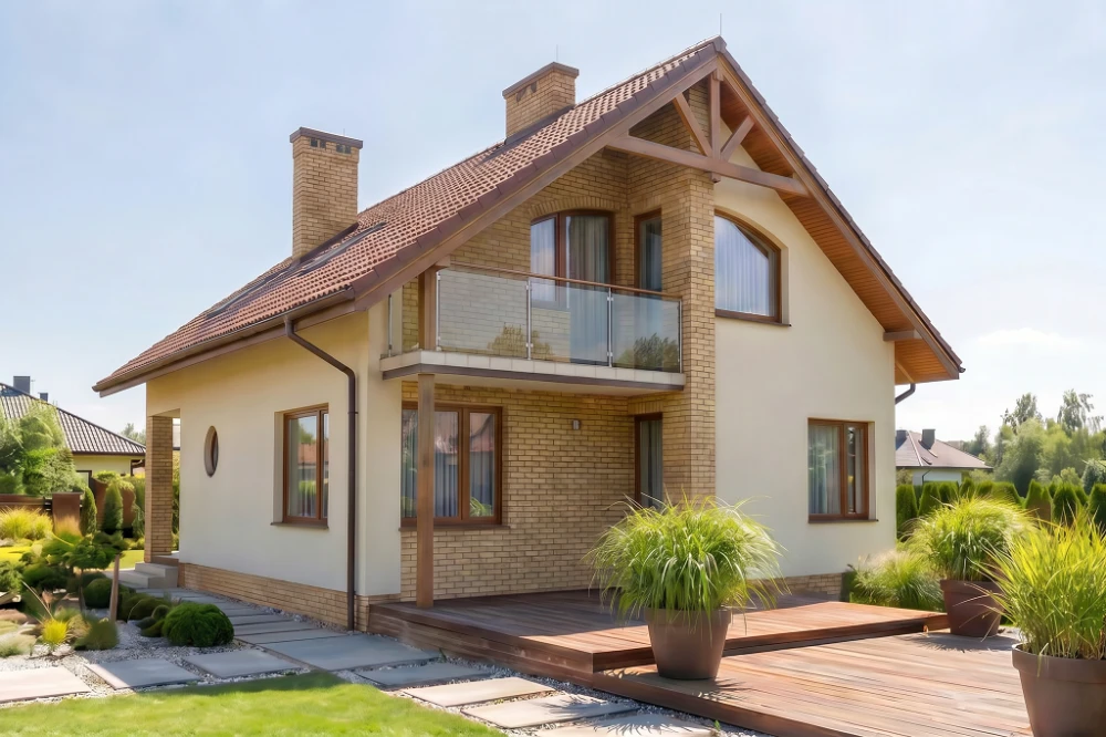 Projekt domu Laskowice tech. L-6254 tech., parterowy z poddaszem mieszkalnym, częściowo podpiwniczony, bez garażu - wizualizacja elewacji prawej