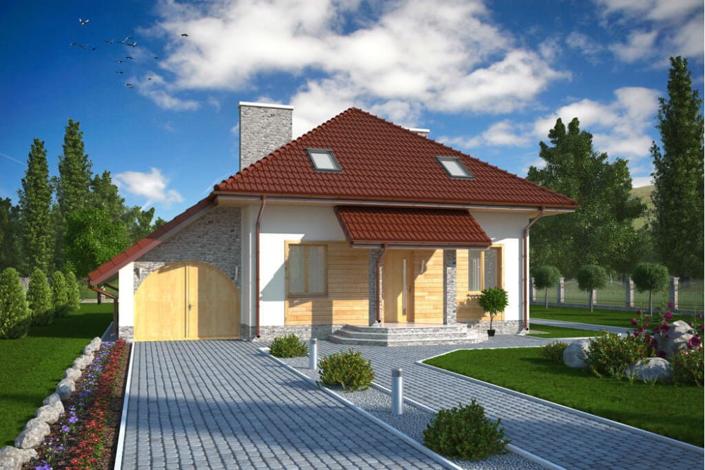 Projekt domu Raszewo tech. DM-5521 tech., parterowy z poddaszem mieszkalnym, z garażem, bez podpiwniczenia - kolorystyka wersja 2