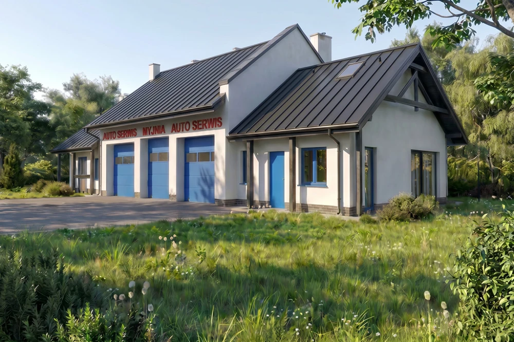 Projekt warsztatu samochodowego K-60 B, parterowy, niepodpiwniczony, zaprojektowany w technologii tradycyjnej murowanej - wizualizacja elewacji frontowej