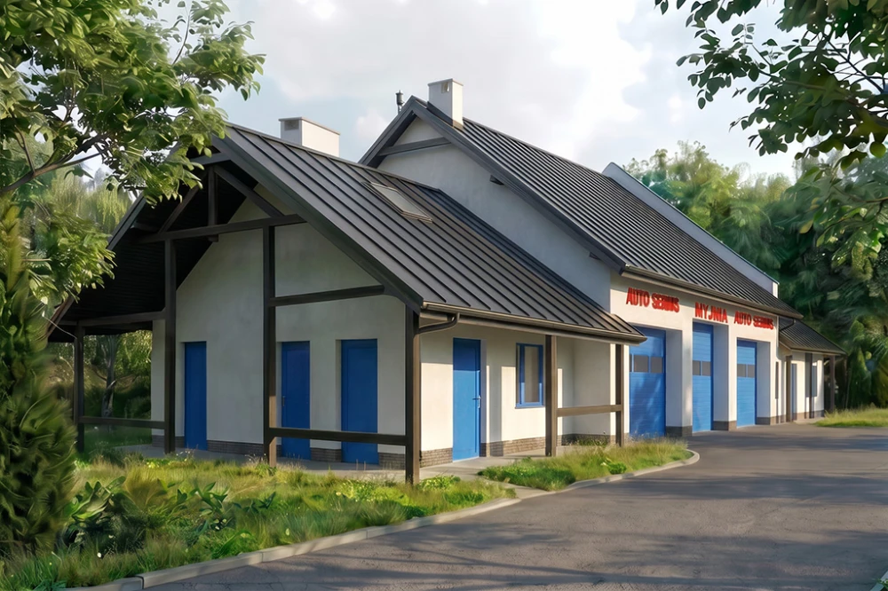 Projekt warsztatu samochodowego K-60 B, parterowy, niepodpiwniczony, zaprojektowany w technologii tradycyjnej murowanej - wizualizacja elewacji lewej