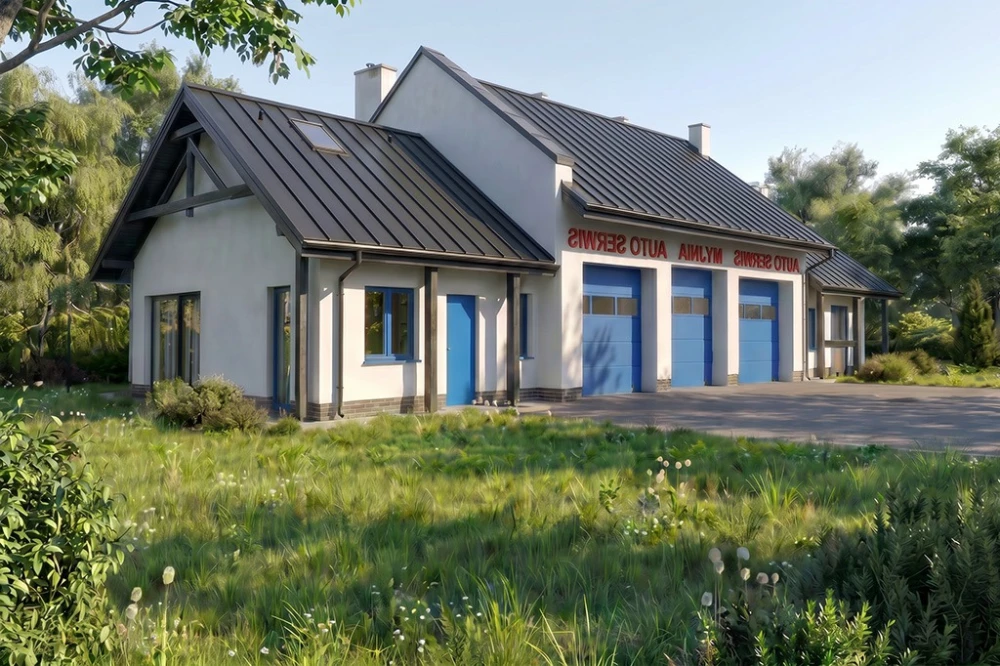 Projekt warsztatu samochodowego LK-60 B, parterowy, niepodpiwniczony, zaprojektowany w technologii tradycyjnej murowanej - wizualizacja elewacji frontowej