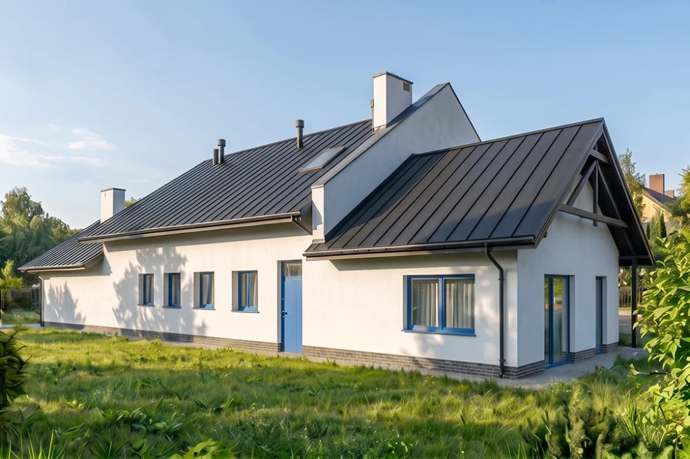 Projekt warsztatu samochodowego LK-60 B, parterowy, niepodpiwniczony, zaprojektowany w technologii tradycyjnej murowanej - wizualizacja elewacji ogrodowej