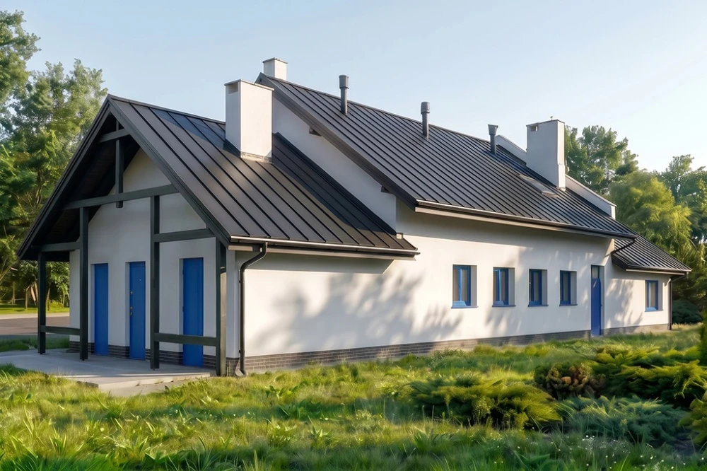 Projekt warsztatu samochodowego LK-60 B, parterowy, niepodpiwniczony, zaprojektowany w technologii tradycyjnej murowanej - wizualizacja elewacji prawej