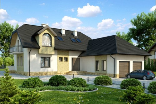 Projekt domu Zamość  tech. DM-5558 tech.,  parterowy z poddaszem mieszkalnym, z garażem, bez podpiwniczenia - kolorystyka wersja 2