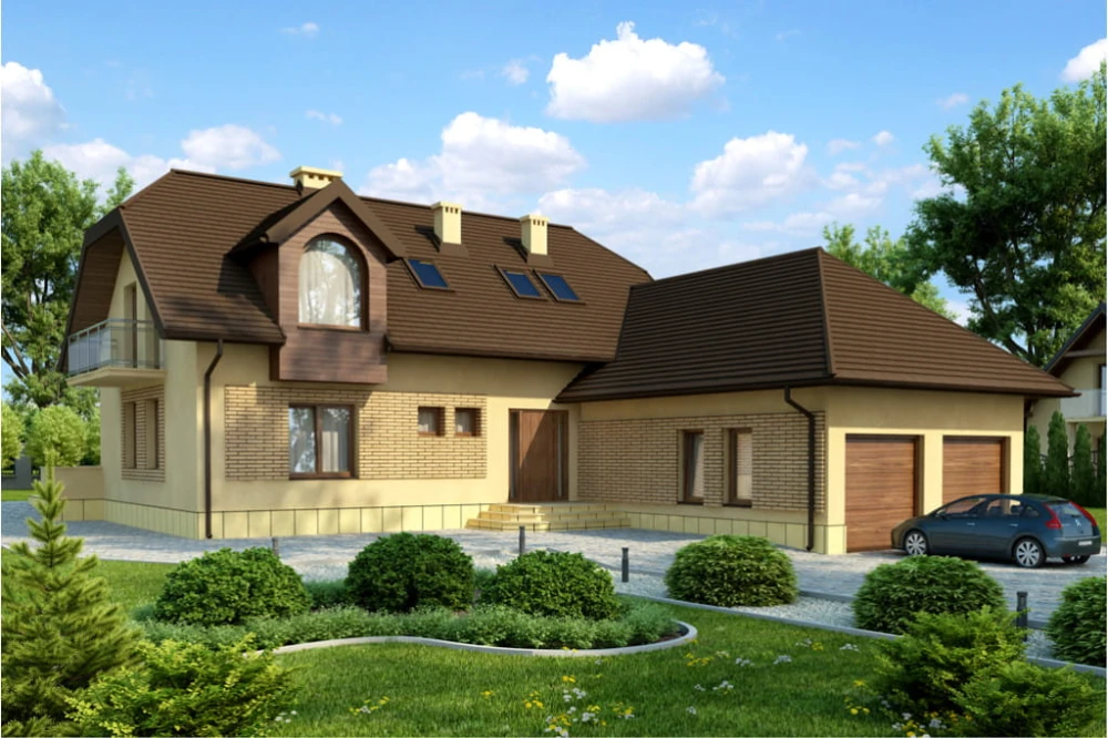 Projekt domu Zamość  tech. DM-5558 tech.,  parterowy z poddaszem mieszkalnym, z garażem, bez podpiwniczenia - kolorystyka wersja 4