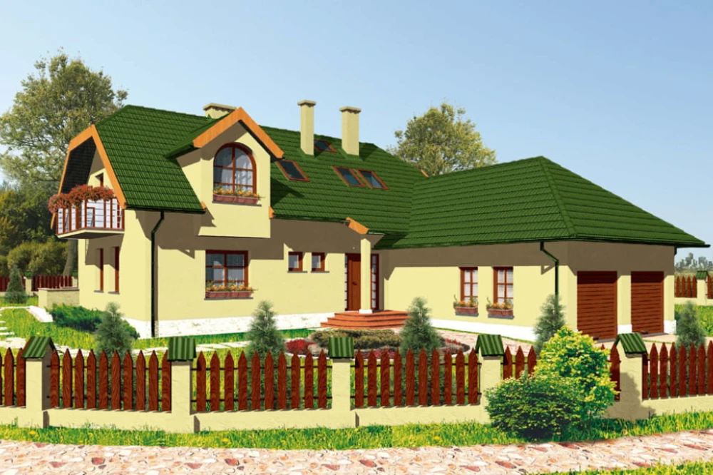 Projekt domu Zamość B tech. DM-5558 B tech., parterowy z poddaszem mieszkalnym, częściowo podpiwniczony, z garażem dwustanowiskowym - kolorystyka wersja 2