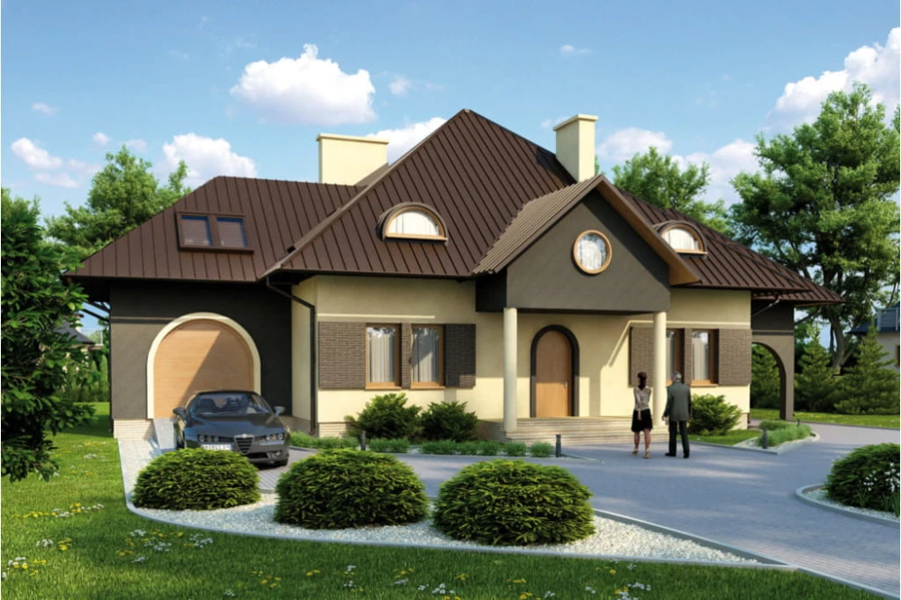 Projekt domu Skarbniewo 2 tech. L-5562 tech., jednorodzinny, parterowy z poddaszem mieszkalnym, z garażem, bez podpiwniczenia - kolorystyka wersja 1