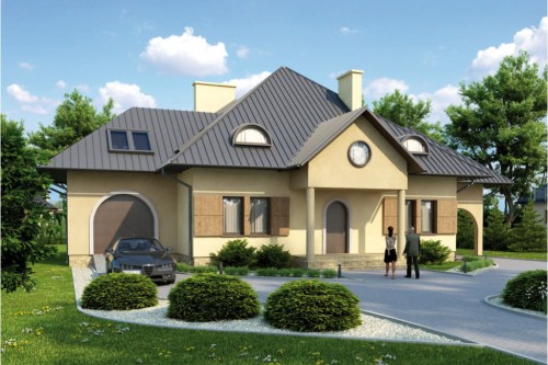 Projekt domu Skarbniewo 2 tech. L-5562 tech., jednorodzinny, parterowy z poddaszem mieszkalnym, z garażem, bez podpiwniczenia - kolorystyka wersja 2