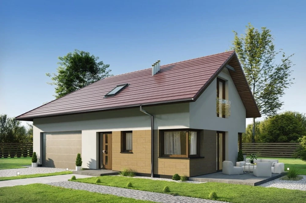 Projekt domu Flaroca 2 L-6740, parterowy z poddaszem użytkowym, garażem dwustanowiskowym, niepodpiwniczony - kolorystyka wersja 2