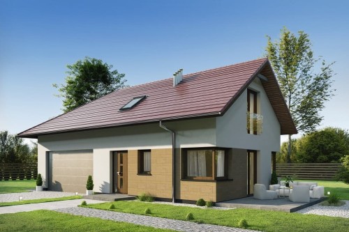 Projekt domu Flaroca 2 tech. L-6740 tech., parterowy z poddaszem użytkowym, garażem dwustanowiskowym, niepodpiwniczony - kolorystyka wersja 2