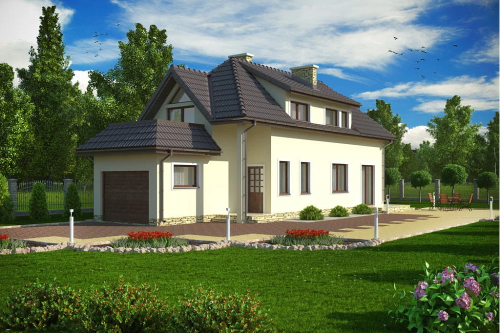 Projekt domu Miłkowo C tech. DM-5588 C tech., parterowy z poddaszem mieszkalnym, z garażem, bez podpiwniczenia, na wąską działkę - kolorystyka wersja 2