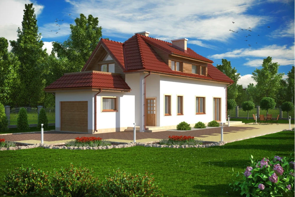 Projekt domu Miłkowo C tech. DM-5588 C tech., parterowy z poddaszem mieszkalnym, z garażem, bez podpiwniczenia, na wąską działkę - kolorystyka wersja 3