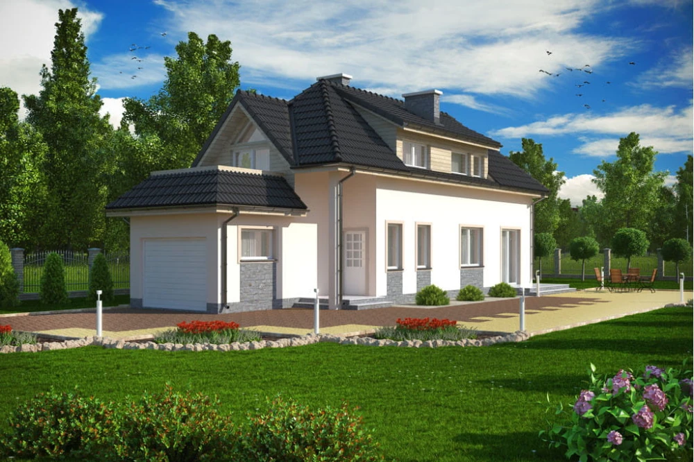 Projekt domu Miłkowo C tech. DM-5588 C tech., parterowy z poddaszem mieszkalnym, z garażem, bez podpiwniczenia, na wąską działkę - kolorystyka wersja 4