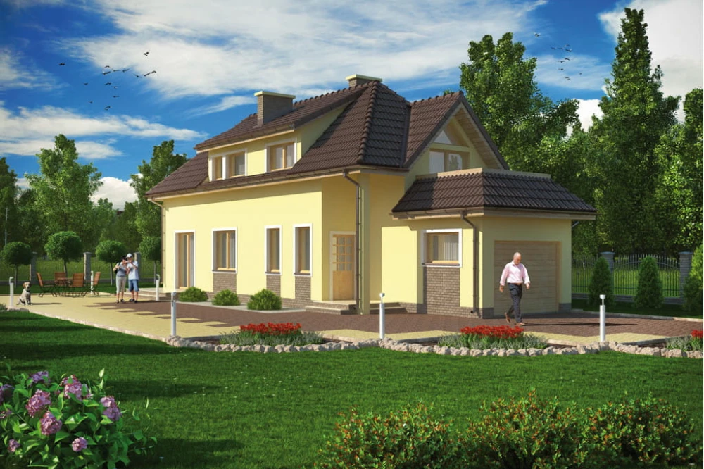 Projekt domu Świdnica C tech. L-5588 C tech., parterowy z poddaszem mieszkalnym, z garażem, bez podpiwniczenia, na wąską działkę - kolorystyka wersja 1