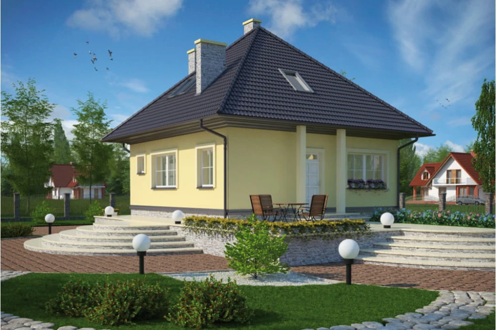 Projekt domu Książ tech. L-5597 tech., parterowy z poddaszem mieszkalnym, bez podpiwniczenia - kolorystyka wersja 3