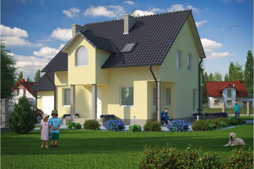 Projekt domu Paczółtowice tech. L-6016 tech., parterowy z poddaszem mieszkalnym, z garażem, bez podpiwniczenia - kolorystyka wersja 1