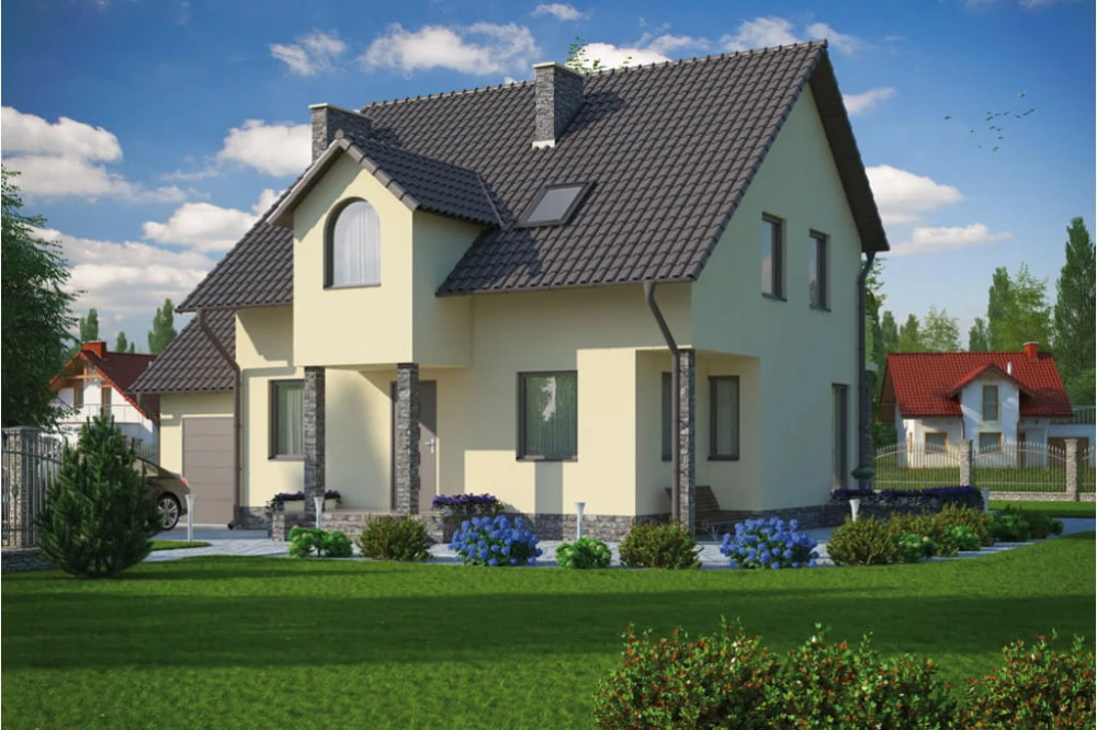 Projekt domu Paczółtowice tech. L-6016 tech., parterowy z poddaszem mieszkalnym, z garażem, bez podpiwniczenia - kolorystyka wersja 2