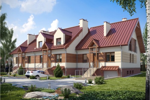 Projekt domu Lesko tech. DM-6146 tech., w zabudowie szeregowej, parterowy z poddaszem mieszkalnym, częściowo podpiwniczony, z garażem - kolorystyka wersja 2
