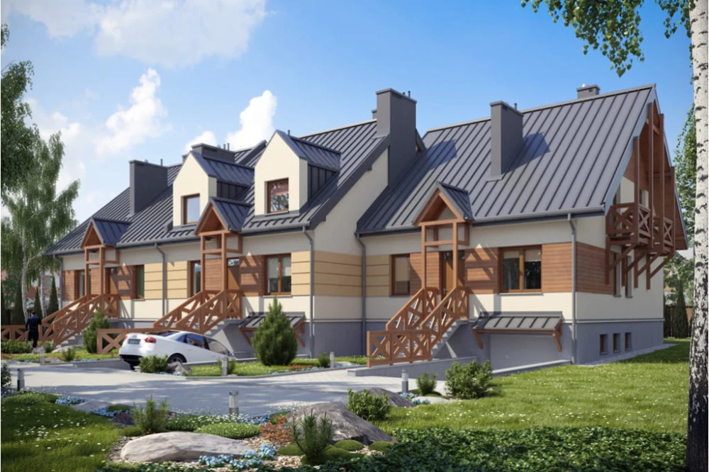 Projekt domu Lesko tech. DM-6146 tech., w zabudowie szeregowej, parterowy z poddaszem mieszkalnym, częściowo podpiwniczony, z garażem - kolorystyka wersja 4