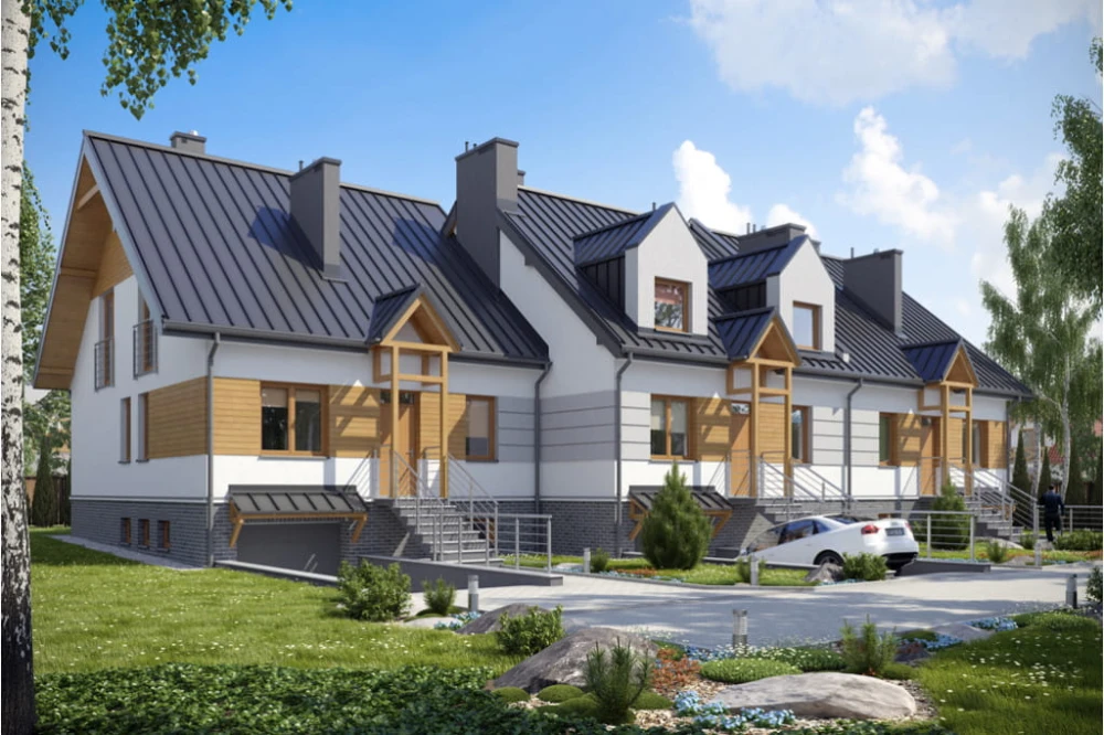 Projekt domu Lesko 2 tech. L-6146 tech., w zabudowie szeregowej, parterowy z poddaszem mieszkalnym, częściowo podpiwniczony, z garażem - kolorystyka wersja 1