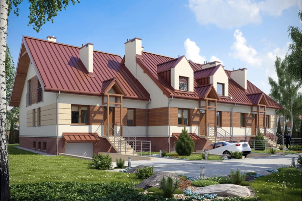 Projekt domu Lesko 2 tech. L-6146 tech., w zabudowie szeregowej, parterowy z poddaszem mieszkalnym, częściowo podpiwniczony, z garażem - kolorystyka wersja 2