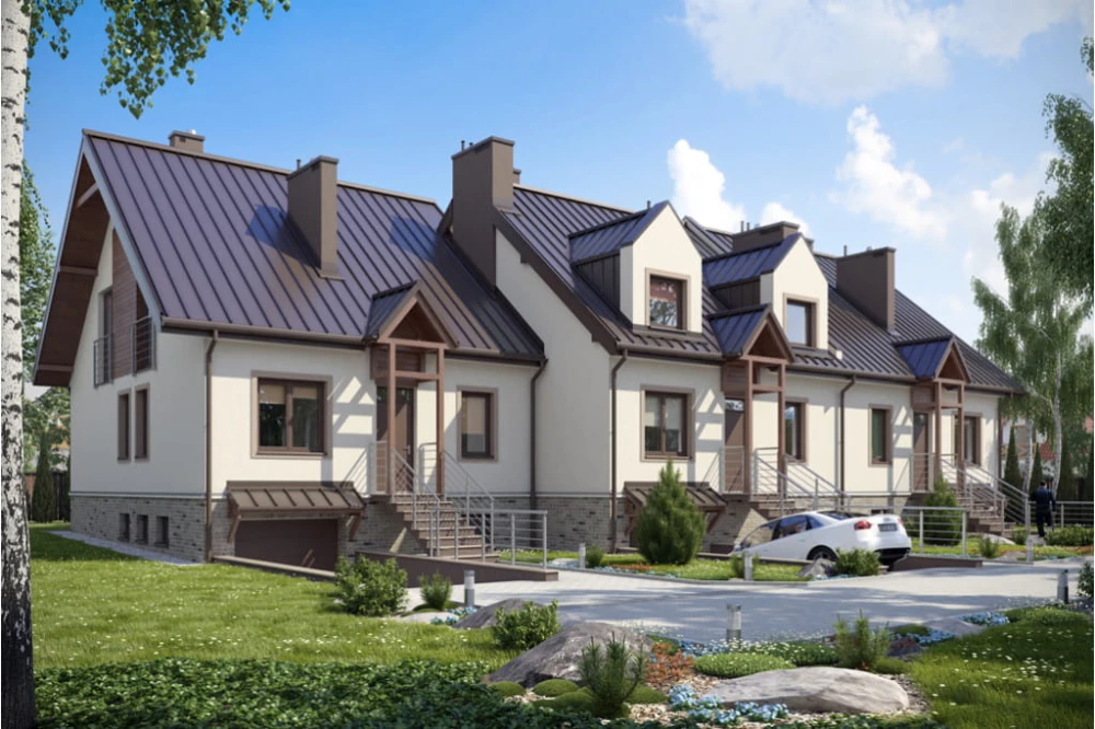 Projekt domu Lesko 2 tech. L-6146 tech., w zabudowie szeregowej, parterowy z poddaszem mieszkalnym, częściowo podpiwniczony, z garażem - kolorystyka wersja 3
