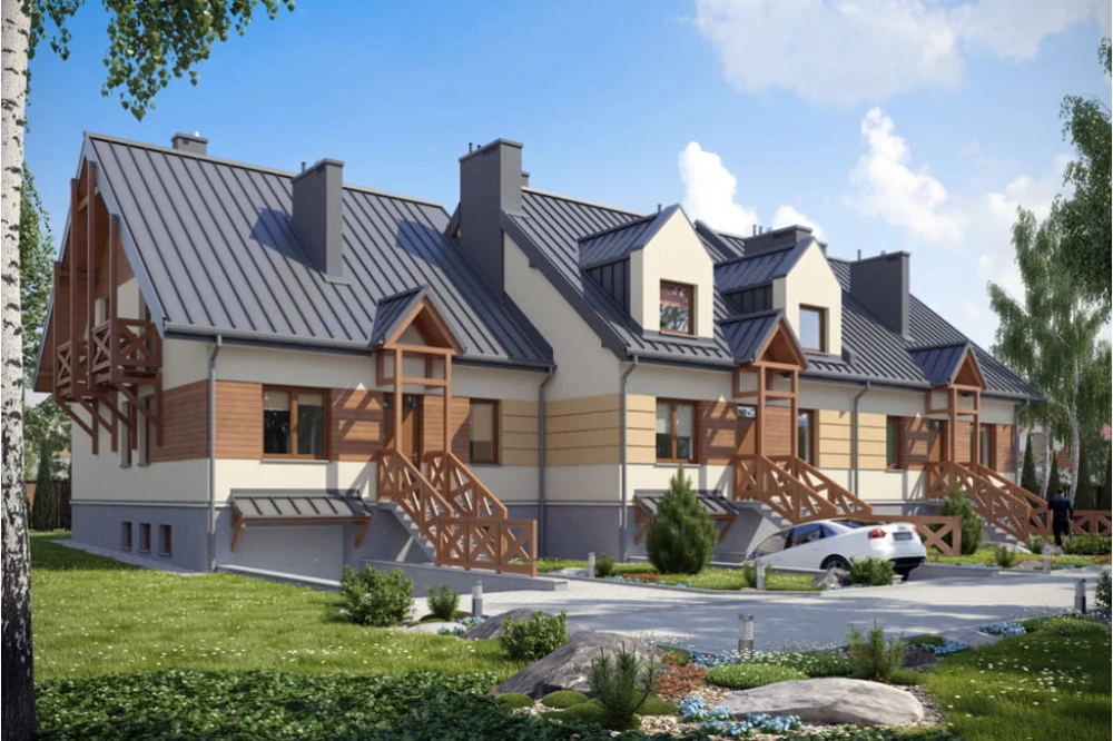 Projekt domu Lesko 2 tech. L-6146 tech., w zabudowie szeregowej, parterowy z poddaszem mieszkalnym, częściowo podpiwniczony, z garażem - kolorystyka wersja 4