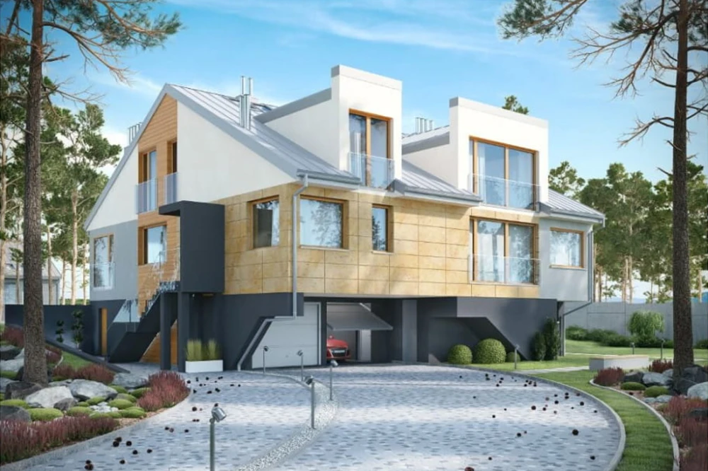 Projekt domu Swoszowice DM-6504, piętrowy z poddaszem użytkowym, z garażem dwustanowiskowym i werandą - kolorystyka wersja 3