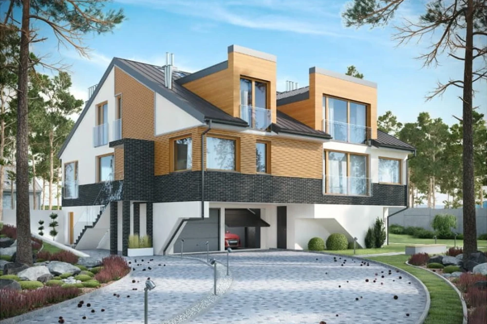 Projekt domu Swoszowice DM-6504, piętrowy z poddaszem użytkowym, z garażem dwustanowiskowym i werandą - kolorystyka wersja 4