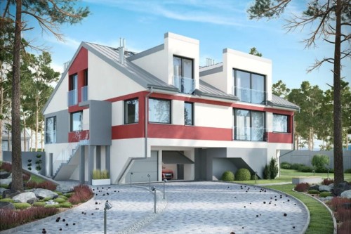 Projekt domu Swoszowice tech. DM-6504 tech., piętrowy z poddaszem użytkowym, z garażem dwustanowiskowym i werandą - kolorystyka wersja 1