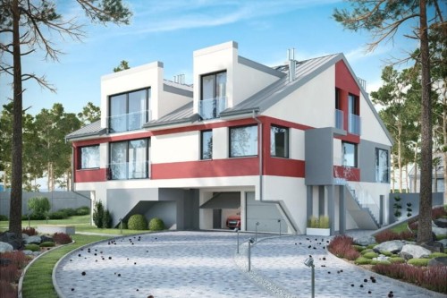 Projekt domu Swoszowice 2 tech. L-6504 tech., piętrowy z poddaszem użytkowym, z garażem dwustanowiskowym i werandą - kolorystyka wersja 1