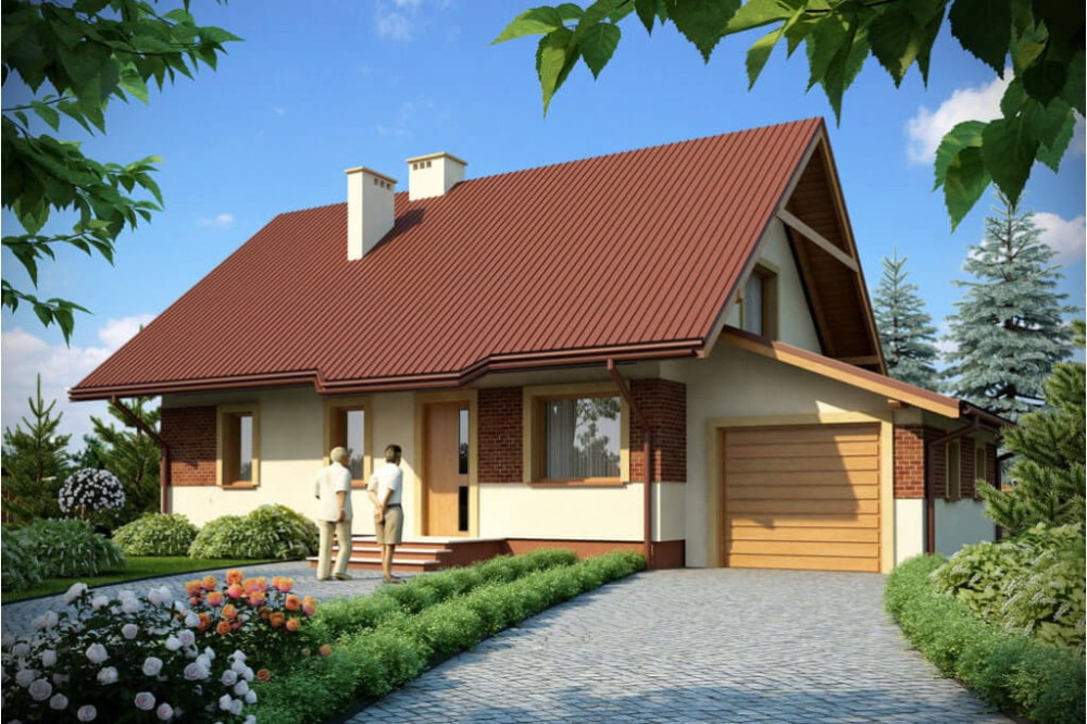 Projekt domu Kowary tech. DM-6156 tech., parterowy z poddaszem mieszkalnym, z garażem, częściowo podpiwniczony - kolorystka wersja 4