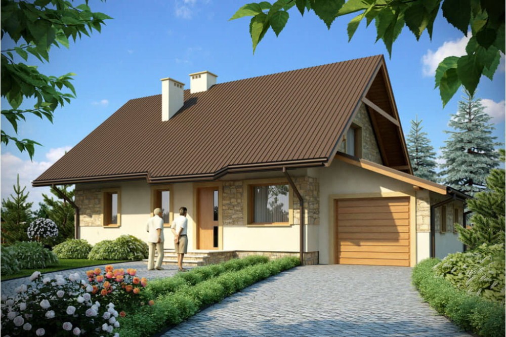 Projekt domu Kowary tech. DM-6156 tech., parterowy z poddaszem mieszkalnym, z garażem, częściowo podpiwniczony - kolorystka wersja 3