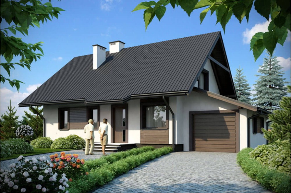 Projekt domu Kowary tech. DM-6156 tech., parterowy z poddaszem mieszkalnym, z garażem, częściowo podpiwniczony - kolorystka wersja 2