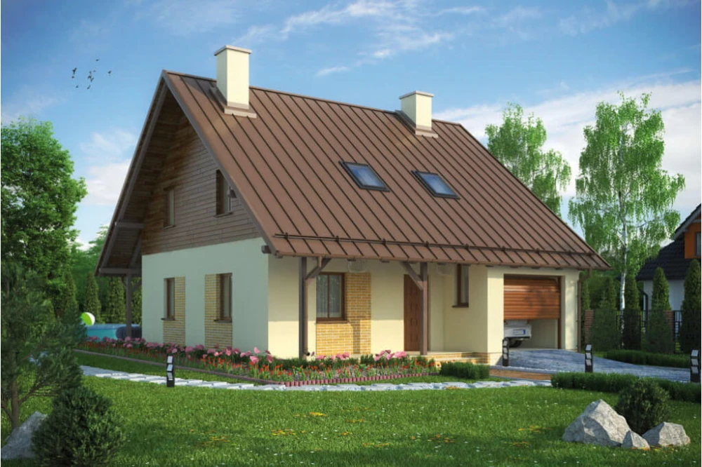 Projekt domu Ostrowiec tech. L-6159 tech., parterowy z poddaszem mieszkalnym, z garażem, bez podpiwniczenia - kolorystyka wersja 3