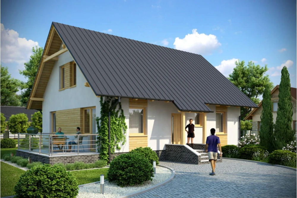 Projekt domu Kazimierzów tech. DM-6164 tech.,  parterowy z poddaszem mieszkalnym, z garażem, podpiwniczony - kolorystyka wersja 3