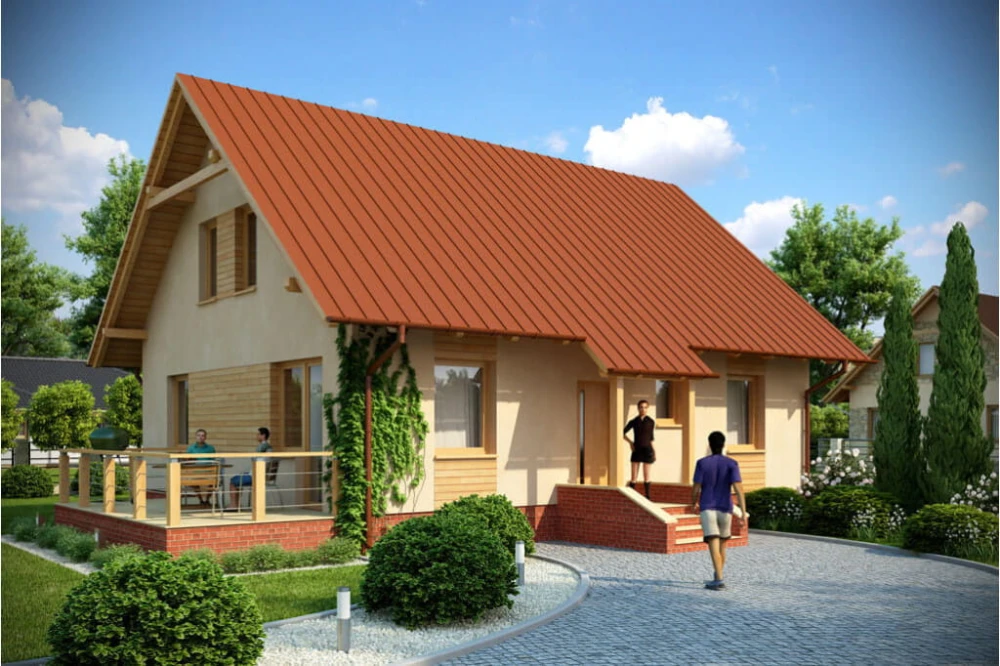 Projekt domu Kazimierzów tech. DM-6164 tech.,  parterowy z poddaszem mieszkalnym, z garażem, podpiwniczony - kolorystyka wersja 4