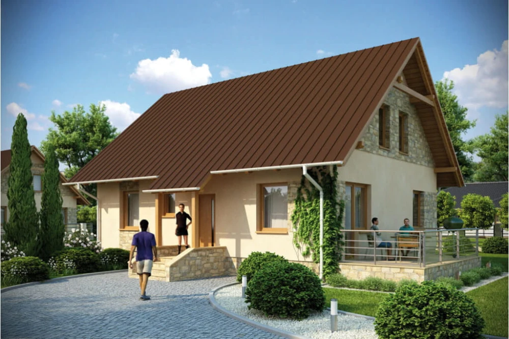 Projekt domu Paczewo tech. L-6164 tech.,  parterowy z poddaszem mieszkalnym, z garażem, podpiwniczony - kolorystyka wersja 1