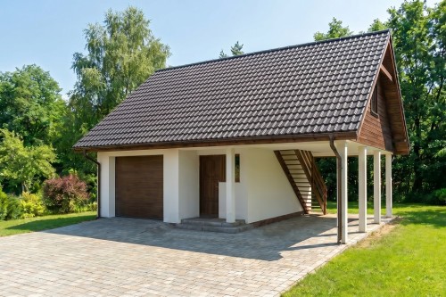 Projekt garażu jednostanowiskowego ZG-37, parterowy ze strychem, niepodpiwniczony - wizualizacja elewacji prawej