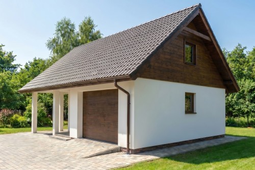 Projekt garażu jednostanowiskowego tech. LZG-37 tech., parterowy ze strychem, niepodpiwniczony - wizualizacja elewacji frontowej