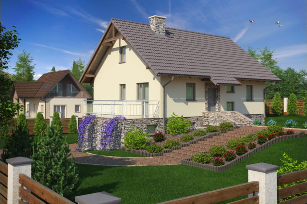 Projekt domu Swoszowa tech. DM-6036 tech., parterowy z poddaszem do adaptacji, częściowo podpiwniczony, z garażem - kolorystyka wersja 2
